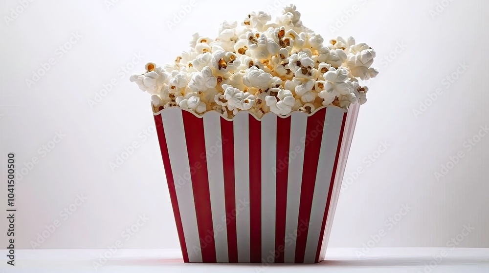 Classic two-tone striped popcorn box overflowing with popcorn, caught mid-air against a clean white background. Classic two-tone striped popcorn box overflowing with popcorn, caught mid-air against a clean white background.