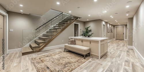 Modern Interior with Staircase, Bench, and White Cabinets photo