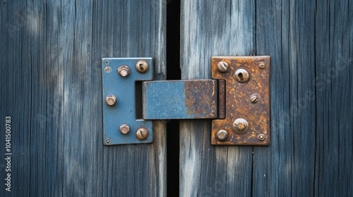 Close-up of a weathered wooden door hinge, showcasing rust and wear.