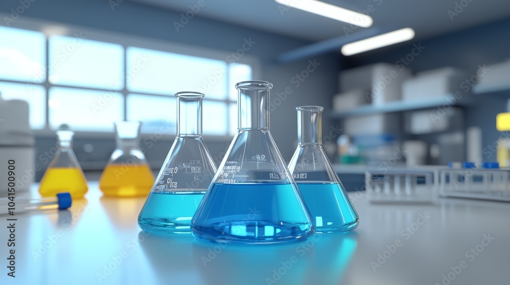 Three lab flasks filled with vibrant blue liquids in a bright laboratory setting. Three lab flasks filled with vibrant blue liquids in a bright laboratory setting.