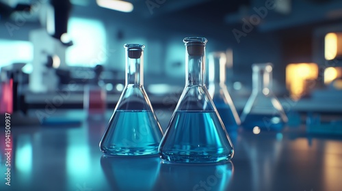 Two laboratory flasks filled with blue liquid, set against a blurred lab backdrop.