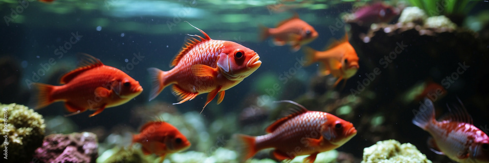 Red fish swim in an aquarium
