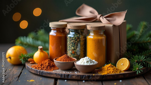 Festive spice jars with gift box and seasonal decorations photo