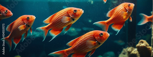 Red fish swim in an aquarium photo