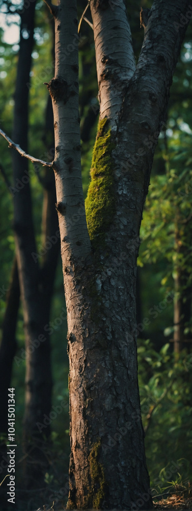 Fototapeta premium A tree branch adorned with vibrant green moss in a tranquil forest