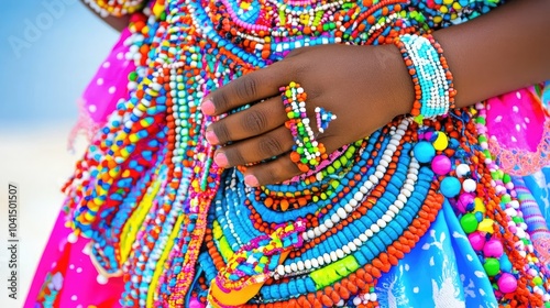 Close-up shot of a mother and child dancing joyfully in festive traditional Haitian attire, their colorful clothing flowing with their movements.