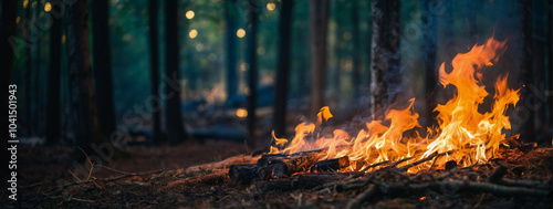A small fire burns brightly in a forest clearing