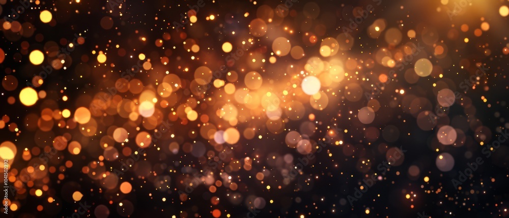 Naklejka premium A vibrant abstract background featuring glowing gold bokeh lights interspersed with sparkling particles against a dark backdrop. The image radiates warmth and festive energy
