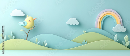 Cute Bird and Rainbow in Papercraft Style.