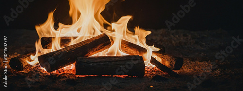 A fire burns brightly in the darkness of night