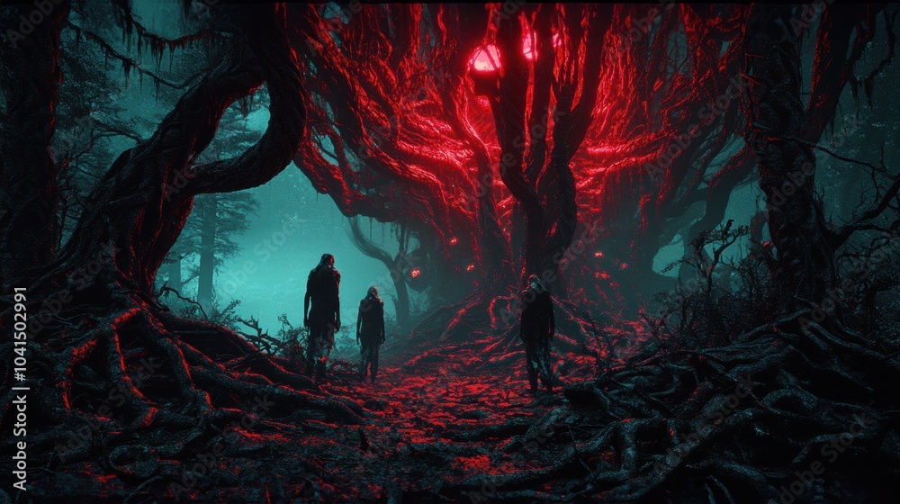 Fototapeta premium Dreamlike forest scene with towering, twisted trees, red and blue lighting, and hooded figures walking through a surreal, eerie landscape. Halloween illustration.