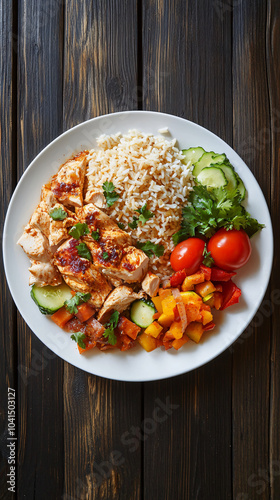 Healthy meal of grilled chicken breast, brown rice, and sauteed vegetables on a white plate atop a dark wooden table