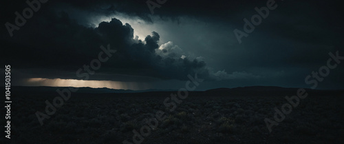 A dark storm cloud looms over a distant landscape
