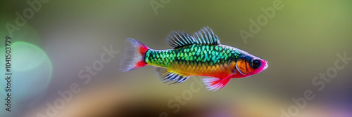 colorful small fish swimming in the ocean, panorama, underwater banner with copy space photo