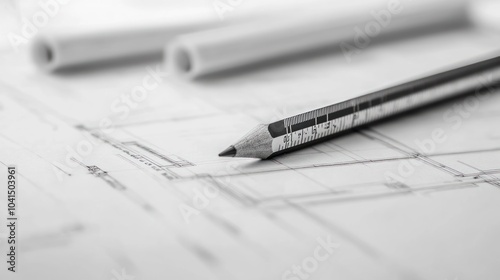 A close-up of a pencil on architectural blueprints, emphasizing design and planning.