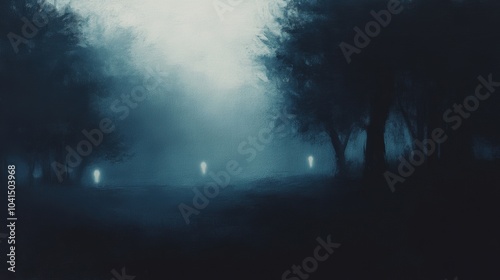 A moody, fog-filled forest scene with distant, shadowy figures on a path evokes a mysterious and eerie atmosphere at twilight. Halloween illustration. 