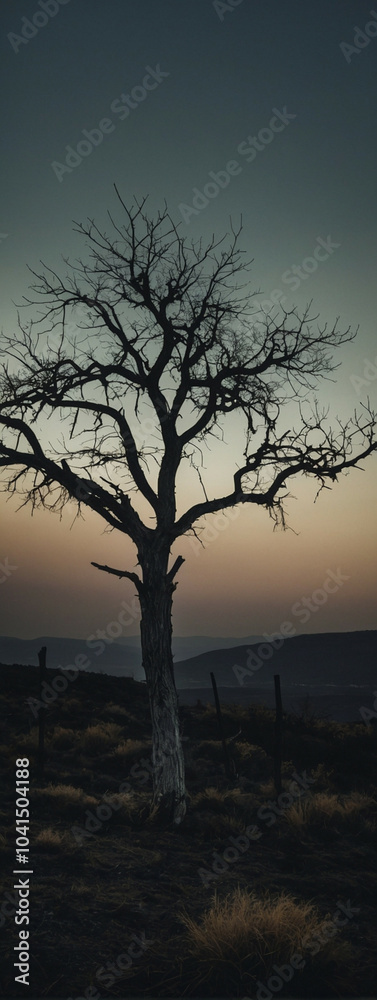 A tree against a fading twilight sky at dusk A tree against a fading twilight sky at dusk