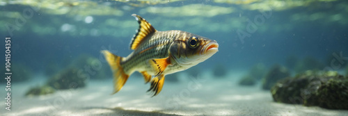 A small, beautiful fish with long tail fins swims in clear water, panorama, underwater banner with copy space