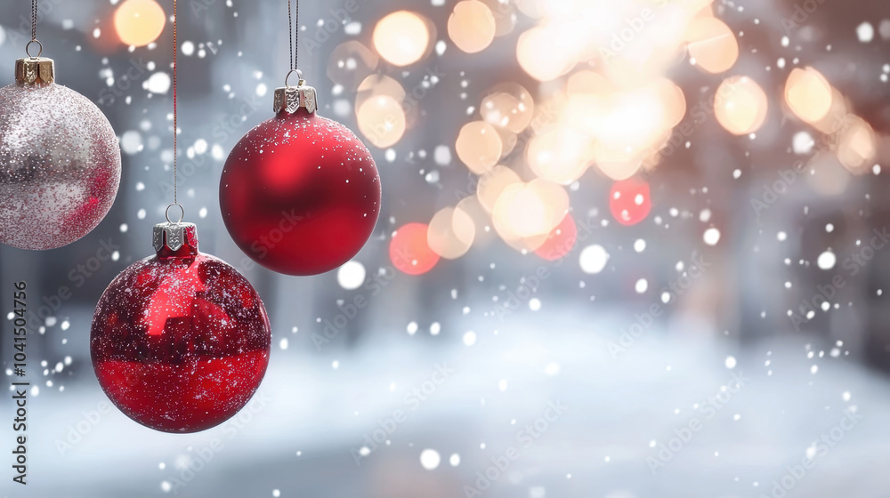 Festive red and silver Christmas ornaments hang against blurred winter background, creating joyful and magical holiday atmosphere with falling snowflakes Festive red and silver Christmas ornaments hang against blurred winter background, creating joyful and magical holiday atmosphere with falling snowflakes
