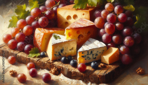 A close-up oil painting depicting assorted cheeses and grapes artfully arranged on a rustic wooden board. The artwork features warm, earthy tones and thick brushstrokes, providing a rich, textured fee