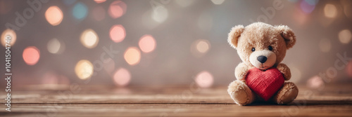 A cute teddy bear holding a red heart on a wooden surface with a blurred background