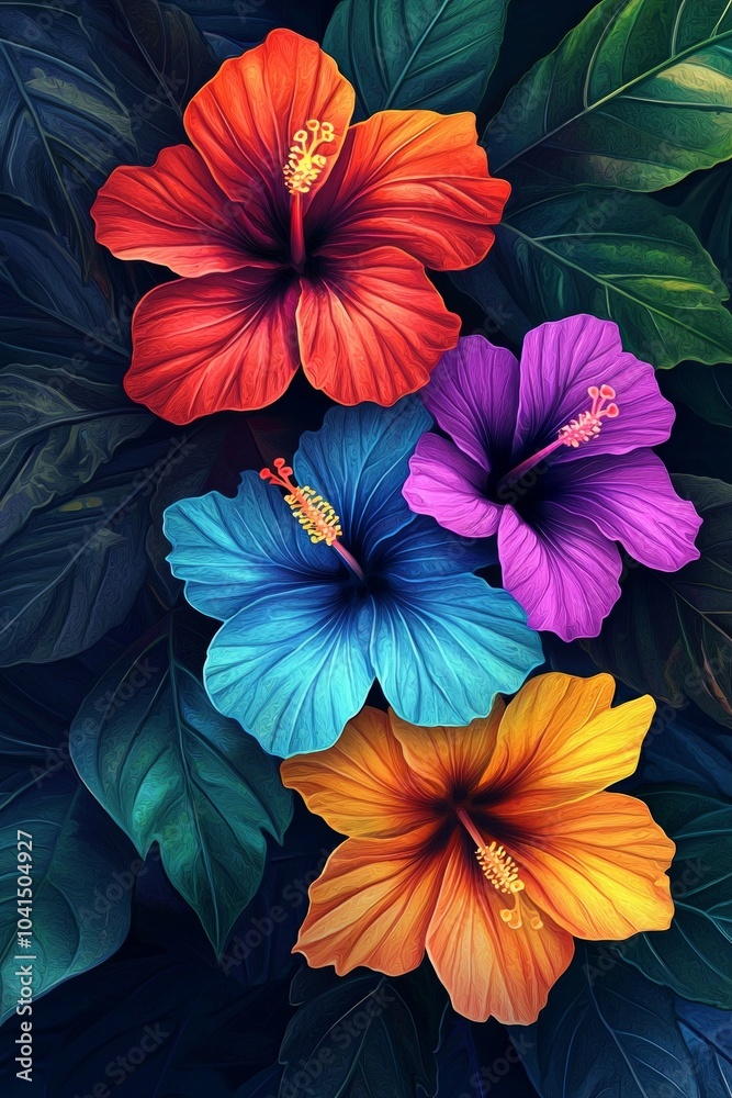 Colorful hibiscus flowers with leaves, in a fantasy art style Colorful hibiscus flowers with leaves, in a fantasy art style