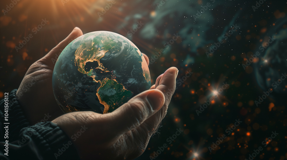 A hand gripping a tiny Earth globe with a lush green forest in the background. A hand gripping a tiny Earth globe with a lush green forest in the background.