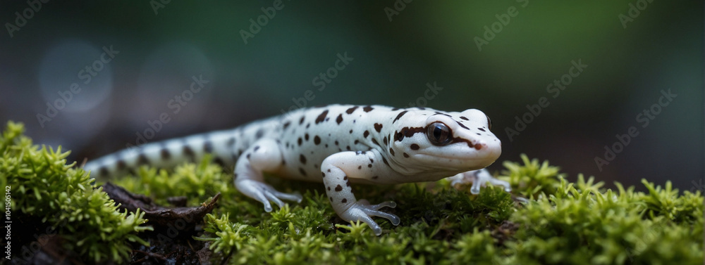 Naklejka premium a white salamander in a lush, mossy forest under soft, natural light, panorama, banner with copy space for text