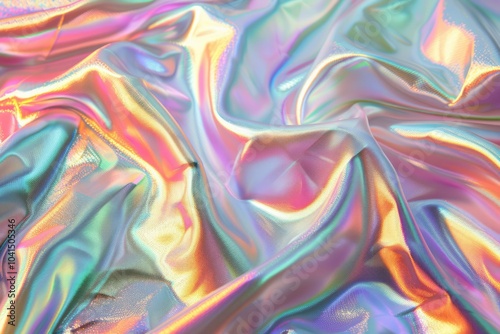 Photo of Holographic iridescent effect silk material. Background texture for backdrops or mapping