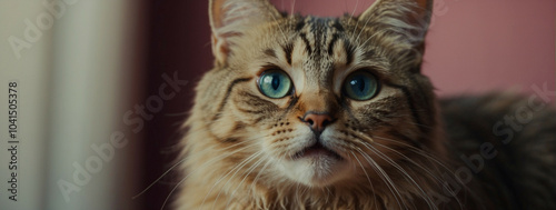 Surprised cat with big blue eyes gazes curiously at bright surroundings photo