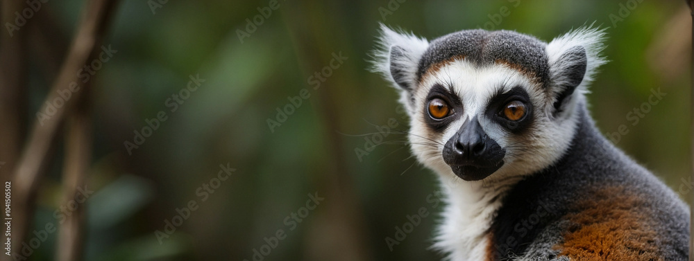 Obraz premium Curious lemur with blurred bokeh backdrop, panorama, banner with copy space for text