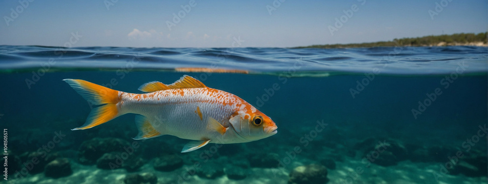 fish swimming in clear water, panorama, banner with copy space for text