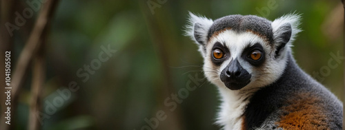 Curious lemur with blurred bokeh backdrop, panorama, banner with copy space for text