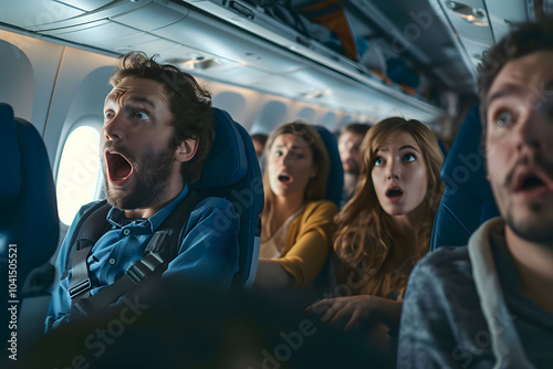 Passengers with shocked expressions on an airplane, depicting an intense or alarming situation, suitable for themes related to travel anxiety, emergency scenarios, or aviation safety photo