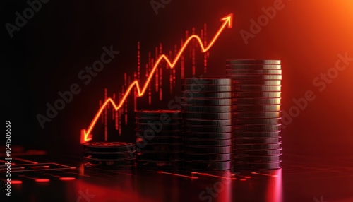 A visual representation of financial growth, featuring stacks of coins alongside an upward-trending line graph illuminated by warm light.