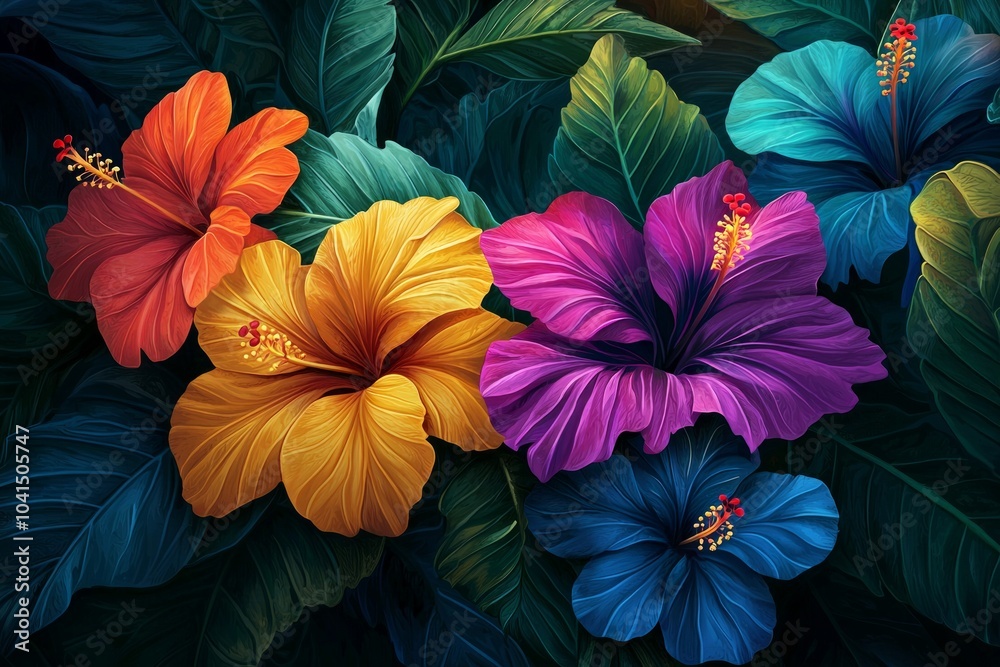 Colorful hibiscus flowers with leaves, in a fantasy art style Colorful hibiscus flowers with leaves, in a fantasy art style