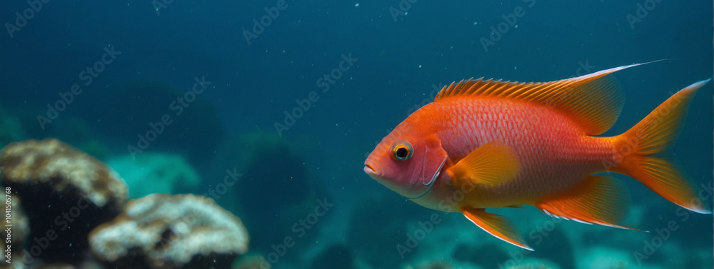 Naklejka premium anthias fish, tropical fish on panoramic water background, underwater web banner with copy space