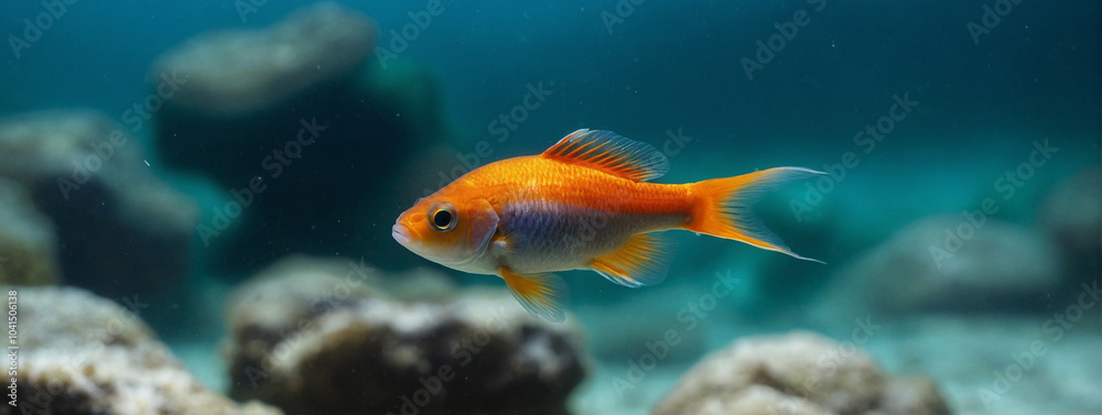 Colorful small fish swimming in clear water with blurred bokeh backdrop,, panorama, banner with copy space for text Colorful small fish swimming in clear water with blurred bokeh backdrop,, panorama, banner with copy space for text