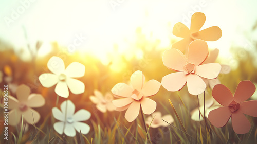 A Peaceful Meadow Decorated with Handmade Paper Flowers Illuminated by the Late Afternoon Sun photo