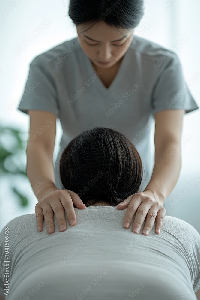 Female Asian therapist performing a soothing back massage on a client in a tranquil setting. Female Asian therapist performing a soothing back massage on a client in a tranquil setting.