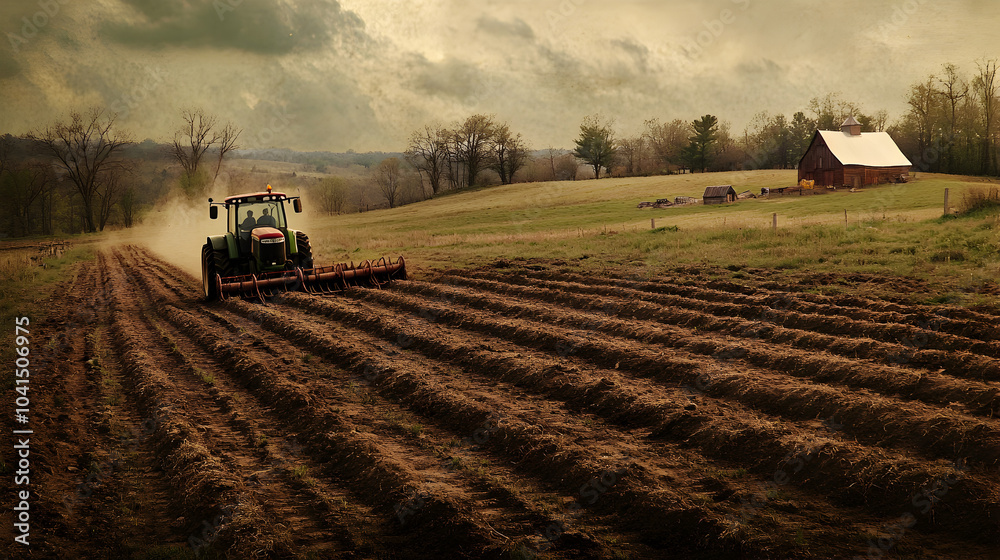 Fototapeta premium Tractor Plowing Field on Rural Farm, Farming Tractor Working in Countryside