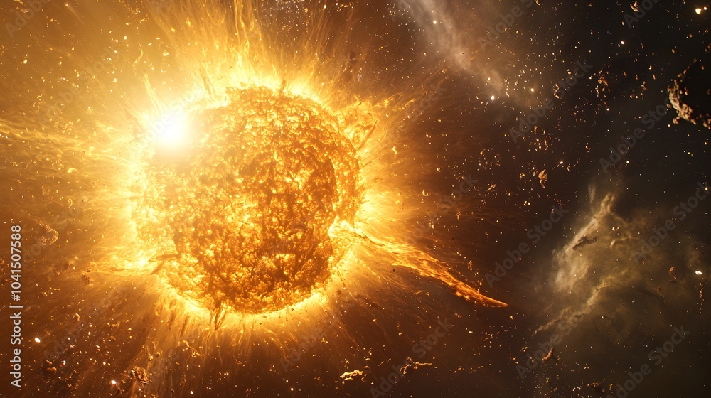 Obraz premium Radiant solar explosion in deep space a stunning visual representation of stellar energy and cosmic wonder