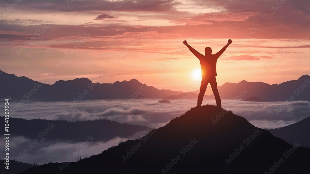 Person celebrating on a mountain ridge surrounded by a sea of clouds Person celebrating on a mountain ridge surrounded by a sea of clouds