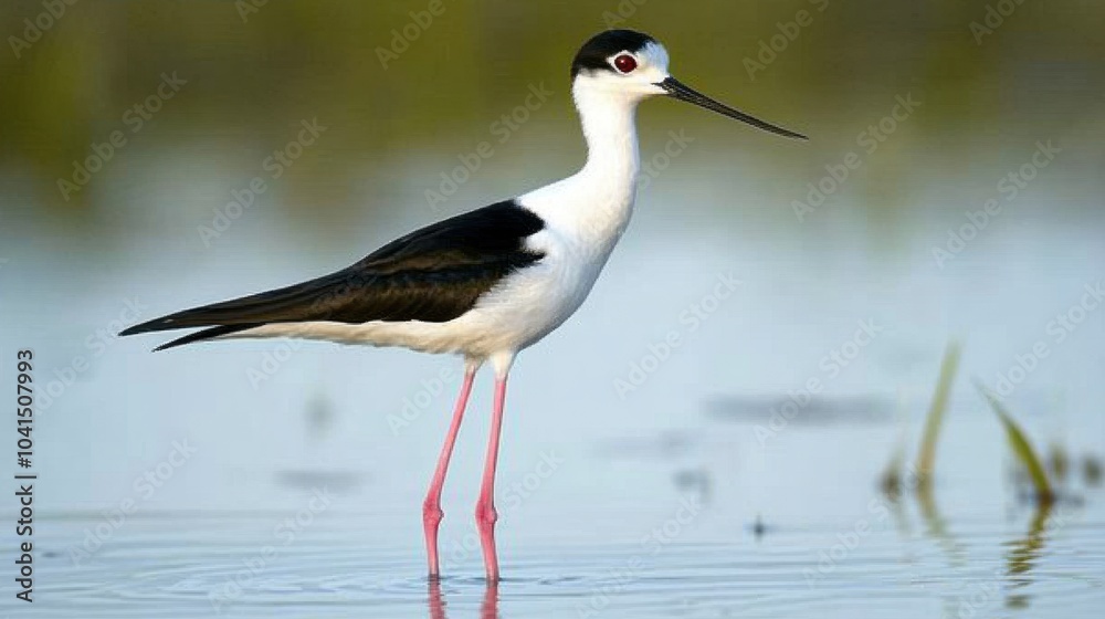 Elegant Black-necked Stilt Wading in Shallow Water Elegant Black-necked Stilt Wading in Shallow Water