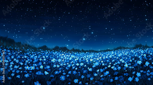illustration features a lush field of forget-me-nots illuminated by bright stars in a dark blue sky, creating a peaceful and reflective atmosphere