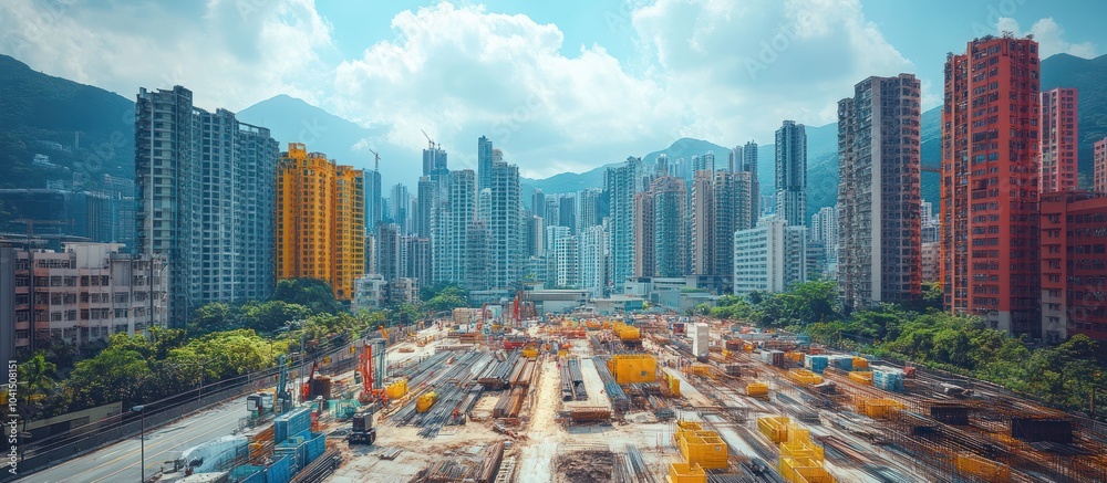 Fototapeta premium Construction site in front of tall apartment buildings in a city.