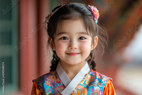 Hispanic little girl in traditional hanbok costume at korean village palace photo