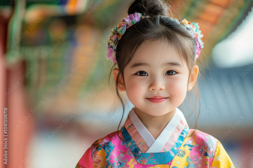 Indonesian little girl in traditional hanbok costume at korean village palace Indonesian little girl in traditional hanbok costume at korean village palace
