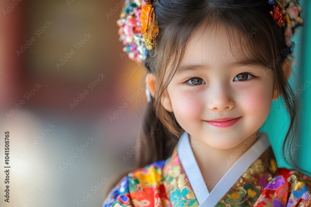 Japanese little girl in traditional hanbok costume at korean village palace Japanese little girl in traditional hanbok costume at korean village palace