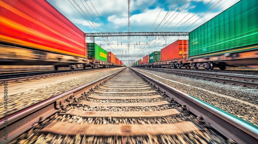 Freight trains with cargo containers moving fast on railroad tracks